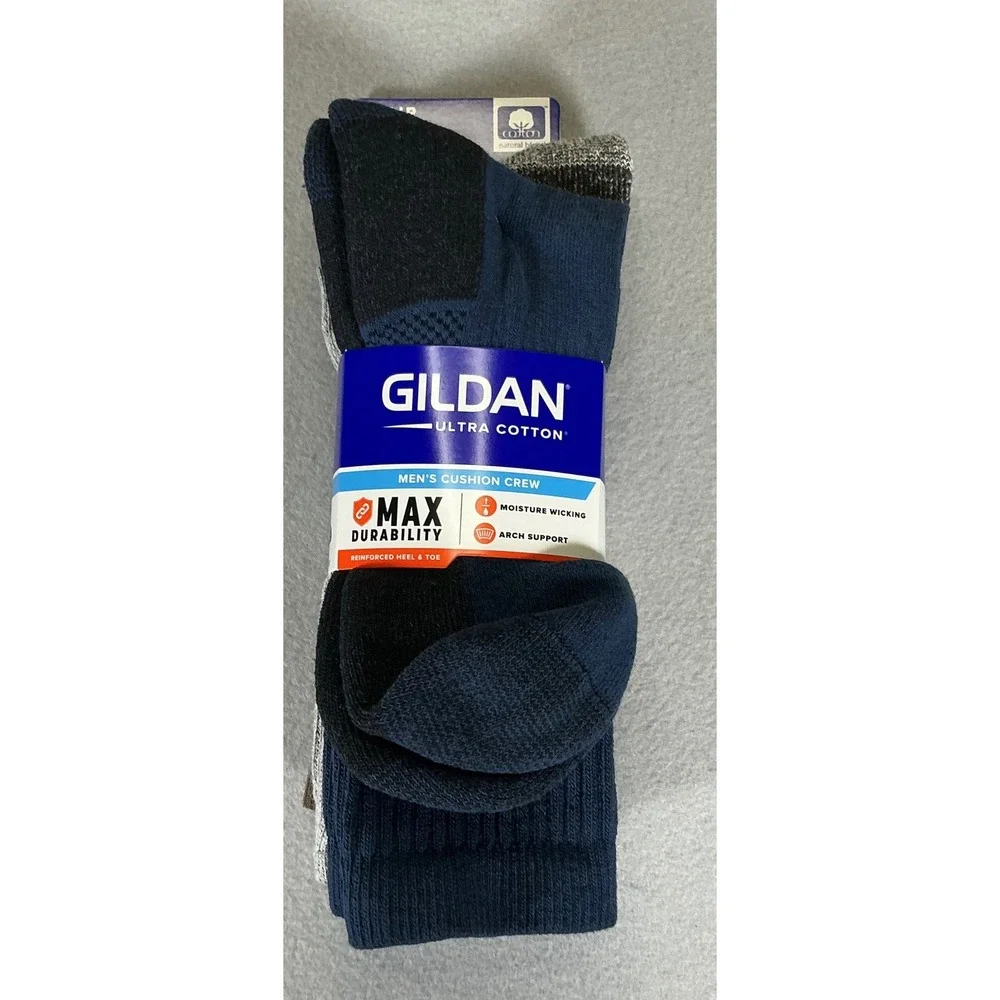 Gildan Ultra Cotton Men's Cushion Crew Socks Size 6-12 Brown Gray Navy 3 Pair